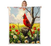 feelingyou Red Bird Throw Blanket Twin 60x80 70s Groovy Dasisy Red Poppy Bed Blanket for Kids Teens Adults Field Scenery Rustic Style Fleece Blanket for Housewarming Sofa