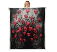 feelingyou Red Rose Flower Blanket for Kids Girls Boys,Valentine's Day Blankets for Bedroom Sofa Dorm Decor,Romantic Botanical Leaves Bed Couch Blanket,Queen (90 x 90 Inches),Dark Black Red