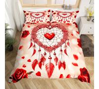 feelingyou Rose Dreamcatcher Duvet Cover Double 3 Pcs,Romantic Red Heart Retro Flowers Bedding Sets for Kids Girls Women,Watercolor Feather Valentine's Day Quilt Cover 2 Pillowcases(No Comforter)