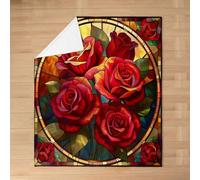 feelingyou Rose Flowers Kids Flannel Blanket,Floral Leaf Natural Plant Botanical Bed Blanket,Geometric Stained Glass Art Girls Boys Sofa Decor,Red Fuzzy Blanket,40 x 50 Inches