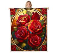 feelingyou Rose Flowers Kids Throw Blanket,Floral Leaf Natural Plant Botanical Bed Blanket,Geometric Stained Glass Art Girls Boys Sofa Decor,Red Fuzzy Blanket,Twin Size (60 x 80 Inches)