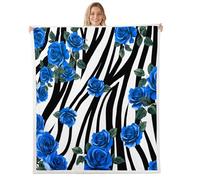 feelingyou Rose Flowers Plush Throw Blanket,Black White Zebra Stripes Flannel Fleece Blanket for Boys Girls Teens All Season,Blue Floral Rustic Bed Blankets Room Decor 50x60,Black White Blue