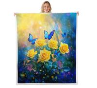 feelingyou Rose Flowers Plush Throw Blanket,Butterfly Garden Roses Flannel Fleece Blanket for Boys Girls Teens All Season,Rustic Floral Bed Blankets Room Decor 50x60,Dark Blue Yellow