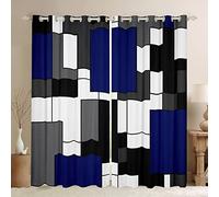 feelingyou Royal Blue Geometric Curtains for Windows,Black White Grey Square Curtains for Living Room,Modern Abstract Blackout Drapes 2 Panel Sets,66x72L