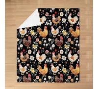 feelingyou Rustic Farmhouse Chicken Kids Flannel Blanket,Daisy Flowers Leaf Botanical Country Bed Blanket,Farm Animals Cock Rooster Girls Boys Sofa Decor,Yellow Black Fuzzy Blanket,40 x 50 Inches
