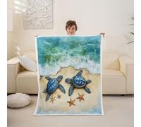 feelingyou Sea Turtle Kids Throw Blanket,Hawaii Summer Beach Coastal Bed Blanket,Starfish Ocean Animal Trendy Girls Boys Sofa Decor,Teal Yellow Fuzzy Blanket,40 x 50 Inches