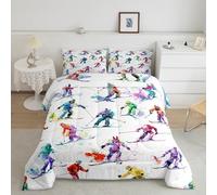 feelingyou Ski Kids Comforter Set Single Size,Winter Sport Game Skiing Bedding Set,Girls Boys Room Decor,Modern Fashion Quilt Comforter,Watercolor Duvet Insert,1 Pillowcase