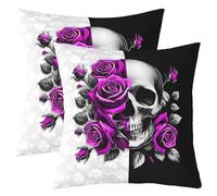 feelingyou Skull Pillow Covers 16"x16",Gothic Romantic Rose Skull Cushion Covers for Couch Sofa, Bone Skeleton Halloween Outdoor Pillow Cases,Purple Floral Exotic Reversible Throw Cushion Cases