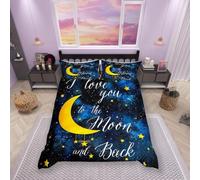 feelingyou Stars and Moon Duvet Cover Set King Size, Watercolor Navy Blue Galaxy Space Nebula Universe Comforter Cover for Girls Teens, I Love You in the Moon and Back Quilt Cover with 2 Pillowcases