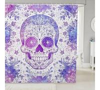 feelingyou Sugar Skull Bathroom Curtain,Purple Floral Skeleton Halloween Bathroom Curtains 12 Hooks Suits for Bathtub,Victorian Baroque Gothic Bath Curtain for Kids Girls Boys,72" W x 84" L,Purple
