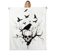 feelingyou Sugar Skull Crow Blanket for Kids Girls Boys,Vintage Halloween Theme Blankets for Bedroom Sofa Dorm Decor,Natural Botanical Plants Bed Couch Blanket,Queen (90 x 90 Inches),Dark Black White