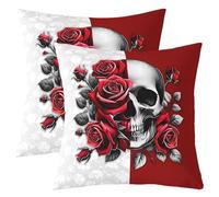 feelingyou Sugar Skull Pillow Covers,Gothic Red Grey Cushion Covers 18"x18",Red Rose Skeleton Bones Square Cushion Cases Set for Bedroom Office,Farmhouse Halloween Decor Pillowcases for Kids Adults