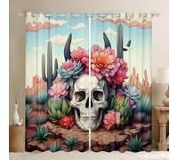 feelingyou Sugar Skull Window Drapes Blooming Flowers Cactus Boys Girls Living Room Curtains Desert Plant Skull Bedroom Curtains Home Decor Brown Pink Green Window Treatments 2 Panels Set,46x72 Inch
