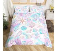 feelingyou Summer Coastal Single Size Duvet Cover,Hawaii Beach Shell Conch Starfish Duvet Cover for Kids Teens All Season,Seaside Marine Life Coral Fantasy Purple Blue Bedding Set,No Comforter