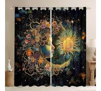 feelingyou Sun and Moon Blackout Curtains,Star Sky Galaxy Outer Space Trippy Window Drapes,Girly Face Flowers Mystery Nursery Bedroom Playroom Decor,Colorful 2 Panel Sets,66x72L