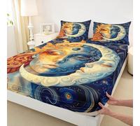 feelingyou Sun and Moon Kids Double Size Fitted Sheet,Starry Sky Galaxy Outer Space Room Decor,Planet Constellation Mysterious Boys Girls Bed Sheet,Blue Golden Bedding Set,2 Pillowcases(No Flat)