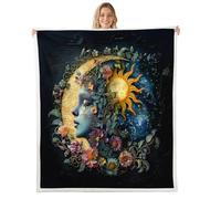 feelingyou Sun and Moon Kids Throw Blanket,Star Sky Galaxy Outer Space Mysterious Bed Blanket,Girly Face Flowers Trippy Girls Boys Sofa Decor,Boho Black Fuzzy Blanket,Twin Size (60 x 80 Inches)