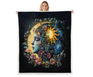 feelingyou Sun and Moon Kids Throw Blanket,Star Sky Galaxy Outer Space Mysterious Bed Blanket,Girly Face Flowers Trippy Girls Boys Sofa Decor,Boho Black Fuzzy Blanket,Queen Size (90 x 90 Inches)