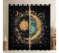 feelingyou Sun and Moon Window Drapes,Flowers Leaves Gothic Mysterious Window Curtains,Starry Sky Galaxy Outer Space Boys Girls Room Decor,Boho Golden 2 Panel Sets,66x72L
