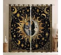 feelingyou Sun Moon Blackout Curtains,Starry Sky Galaxy Outer Space Window Drapes,Mystery Bohemia Trippy Nursery Bedroom Playroom Decor,Black Golden 2 Panel Sets,66x72L