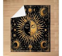 feelingyou Sun Moon Kids Flannel Blanket,Starry Sky Galaxy Outer Space Bed Blanket,Constellation Mysterious Boho Girls Boys Sofa Decor,Golden Black Fuzzy Blanket,Throw Size (50 x 60 Inches)