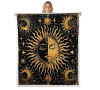 feelingyou Sun Moon Kids Throw Blanket,Starry Sky Galaxy Outer Space Bed Blanket,Constellation Mysterious Boho Girls Boys Sofa Decor,Golden Black Fuzzy Blanket,Throw Size (50 x 60 Inches)