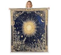feelingyou Sun Moon Plush Throw Blanket,Starry Galaxy Bohemia Flannel Fleece Blanket for Boys Girls Teens All Season,Retro Flowers Plant Bed Blankets Room Decor 30x40,Navy Khaki