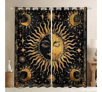 feelingyou Sun Moon Window Drapes,Starry Sky Galaxy Outer Space Window Curtains,Constellation Mysterious Boho Boys Girls Room Decor,Golden Black 2 Panel Sets,66x72L