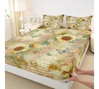 feelingyou Sunflower Bed Sheet King Size Butterfly Pastoral Bedding Set Retro Vintage Floral Fitted Sheet Kids Boys Girls Room Decor Yellow Soft Sheets with 2 Pillowcase,No Top Flat