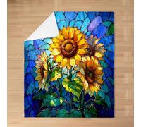 feelingyou Sunflower Kids Flannel Blanket,Floral Leaf Nature Rustic Botanical Bed Blanket,Geometric Stained Glass Patchwork Girls Boys Sofa Decor,Yellow Blue Fuzzy Blanket,Twin Size (60 x 80 Inches)