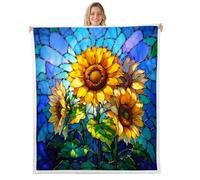 feelingyou Sunflower Kids Throw Blanket,Floral Leaf Nature Rustic Botanical Bed Blanket,Geometric Stained Glass Patchwork Girls Boys Sofa Decor,Yellow Blue Fuzzy Blanket,Queen Size (90 x 90 Inches)