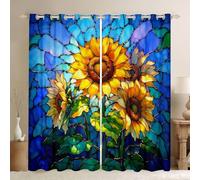 feelingyou Sunflower Window Drapes,Floral Leaf Nature Rustic Botanical Boys Girls Room Decor,Geometric Stained Glass Patchwork Blackout Curtains,Yellow Blue 2 Panel Sets,66x90L