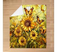 feelingyou Sunflowers Kids Flannel Blanket,Butterfly Floral Botanical Rustic Bed Blanket,Geometric Patchwork Vintage Girls Boys Sofa Decor,Yellow Fuzzy Blanket,Twin Size (60 x 80 Inches)