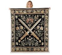feelingyou Swords Plush Throw Blanket,Boho Style Exotic Flannel Fleece Blanket for Boys Girls Teens All Season,Retro Flowers Plant Bed Blankets Room Decor 50x60,Black Khaki