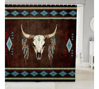 feelingyou Tauren Skull Aztec Shower Curtain 72" W x 72" L Native American Bathroom Curtains for Kids Teens Adults Tribe Southwest Geometry Waterproof Bath Curtain with 12 Hooks