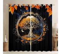 feelingyou Tree Artwork of Life Kids Window Curtains,Sun Moon Starry Sky Galaxy Gothic Window Drapes,Maple Leaf Plant Boho Nursery Bedroom Playroom Decor,Black 2 Panel Sets,46x72L
