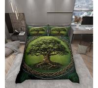 feelingyou Tree of Life Duvet Cover Double Size,Boho Tribal Tree Branches Mystic Green Bedding Set 3 Pcs for Kids Teens,Exotic Style Geometric Circle Mandala Comforter Cover(No Filler)