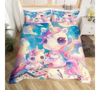 feelingyou Unicorn Duvet Cover Set Super King Size,Cartoon Animal Painting Theme Dreamy Princess Bedding Set,Adults Women Men Room Decor,Watercolor Blue Sky Fantasy Starry Quilt Cover,No Comforter
