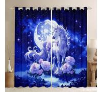 feelingyou Unicorn Window Drapes,Princess Dreamy Animal Cartoon Boys Girls Room Decor,Starry Roses Moon Mysterious Blackout Curtains,Dark Blue 2 Panel Sets,66x90L