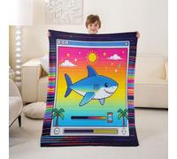 feelingyou Video Games Kids Flannel Blanket,Pixelated Shark Funny Animal Bed Blanket,Retro Pixel Gaming Sealife Girls Boys Sofa Decor,Blue Colorful Fuzzy Blanket,Queen Size (90 x 90 Inches)