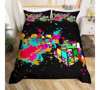 feelingyou Watercolor Graffiti Duvet Cover Double, Tie Dye Colorful Rubik Pattern Bedding Set, Hippie Style Boys Girls Bedroom Decorative Comforter Cover and 2 Pillowcases, Black