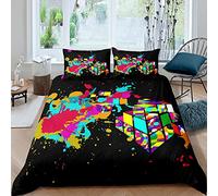 feelingyou Watercolor Graffiti Duvet Cover King, Tie Dye Colorful Rubik Pattern Bedding Set, Hippie Style Boys Girls Bedroom Decorative Comforter Cover and 2 Pillowcases, Black