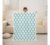 feelingyou Wave Checkered Kids Throw Blanket,Vintage Boho Middle Century Bed Blanket,Retro Abstract 70S Vintage Girls Boys Sofa Decor,Teal White Fuzzy Blanket,Queen Size (90 x 90 Inches)