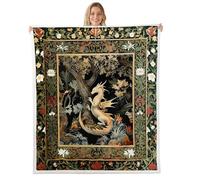 feelingyou Western Dragon Plush Throw Blanket,Country Style Flowers Leaves Flannel Fleece Blanket for Boys Girls Teens All Season,Tribal Tree of Life Bed Blankets Room Decor 90x90,Green Khaki Black