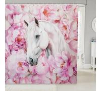 feelingyou White Horse Shower Curtain,Western Cowboy Animal Theme Bathroom Curtains for Kids Girls Boys,Pink Daisy Flower Shower Curtains 12 Hooks Suits for Bathtub,72" W x 78" L,Pink White
