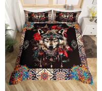 feelingyou Wolf Bedding Set,Mandala Pattern Comforter Cover Set for Teens Women Room Decor,Boho Dreamcatcher Duvet Cover Breathable Retro Tribal Style Bedspread Cover Double Size(No Comforter)