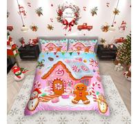 feelingyou Xmas Gingerbread Man Duvet Cover Single,Winter Cute Candy House Watercolor Comforter Cover for Kids Teens Adults Bedroom Decor,Kawaii Snowman Cartoon Bedding Set 1 Pillowcase,No Comforter