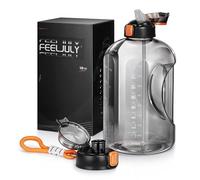 Feeljuly 1 Gallon Water Bottle with Straw, 128 oz Large Water Jug with Times to Drink, Reusable Leak Proof with Handle, 2 Lids BPA Free Big Sports Bottles for Fitness Gym Camping (Grey, 128 Ounces)