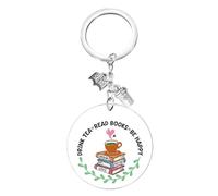 FEELMEM Bookworm Gift Drink Tea Read Books Be Happy Acrylic Keychain Reading Lover Keychain Coffee Book Themed Gift, Beige, 1