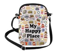 FEELMEM Casino Lover Gift Gambler Gifts My Happy Place Lucky 777 Jackpot Casino Slot Machine Crossbody Bag Gambling Gift, Beige, Fashion